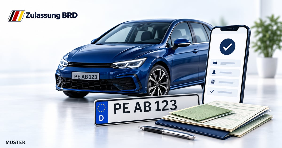 Online Fahrzeugzulassung in Edemissen: Musterkennzeichen PE AB 123, Auto und Fahrzeugpapiere und Smartphone. Illustration mit Logo von Zulassung BRD.